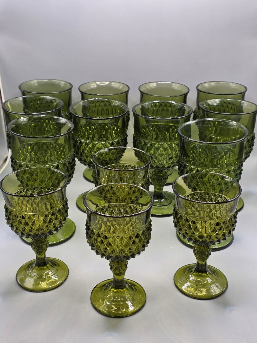 Set of 12 Vintage Indiana Glass Diamond Point Avocado Green Water Wine Goblets